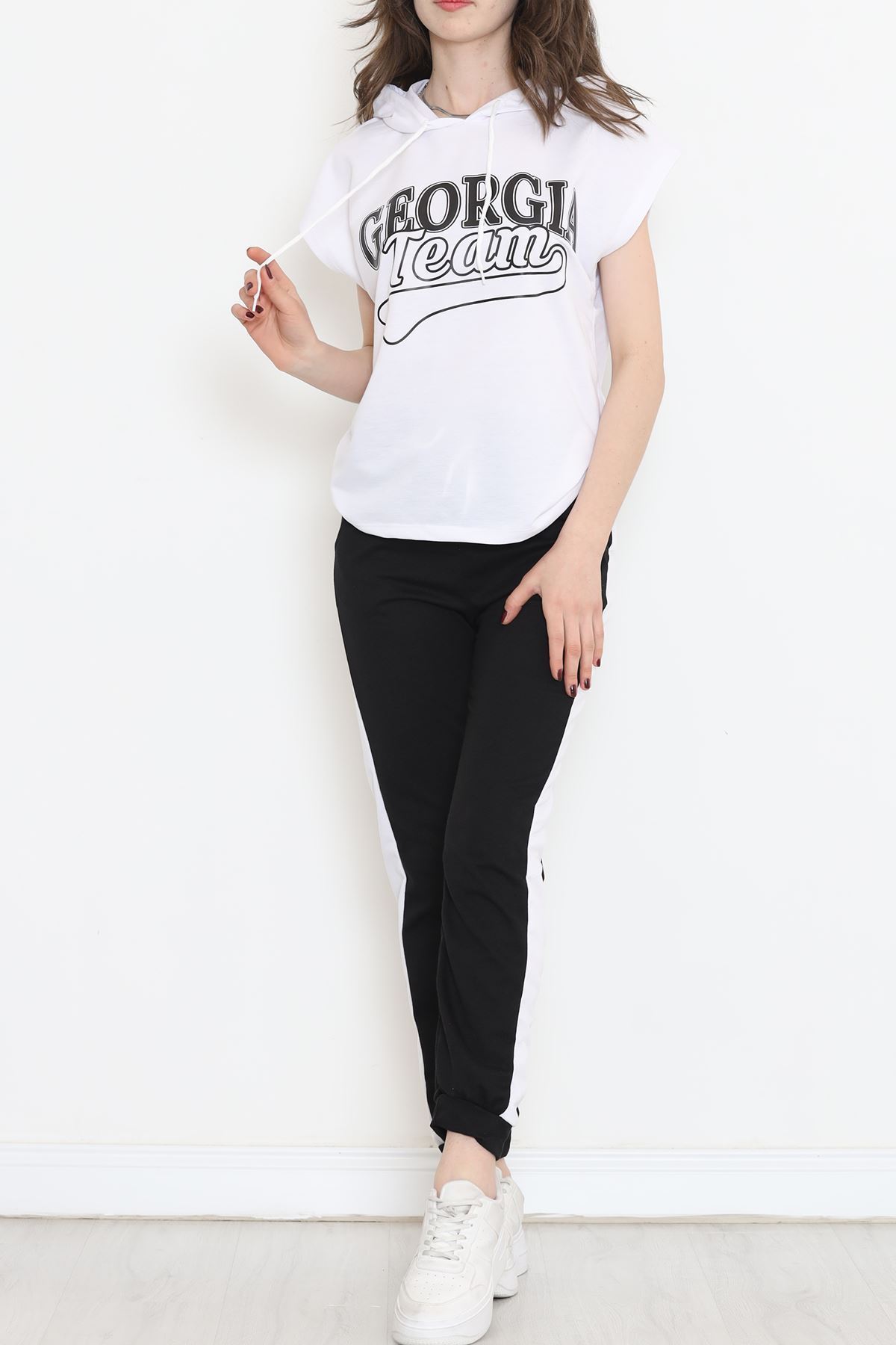 Kapşonlu Baskılı Eşofman Takımı Beyazsiyah - 16600.5238.