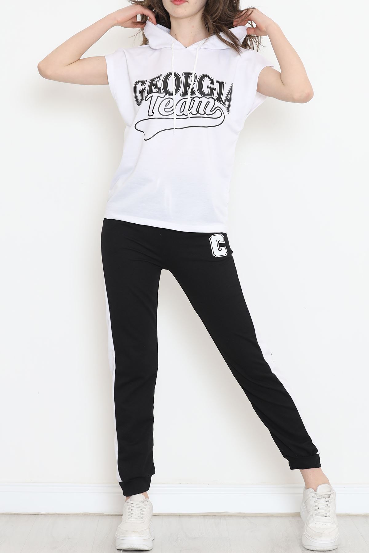 Kapşonlu Baskılı Eşofman Takımı Beyazsiyah - 16600.5238.