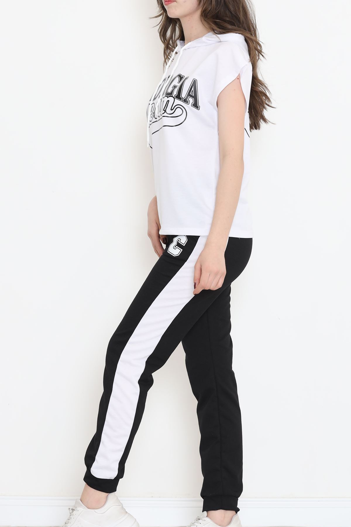 Kapşonlu Baskılı Eşofman Takımı Beyazsiyah - 16600.5238.