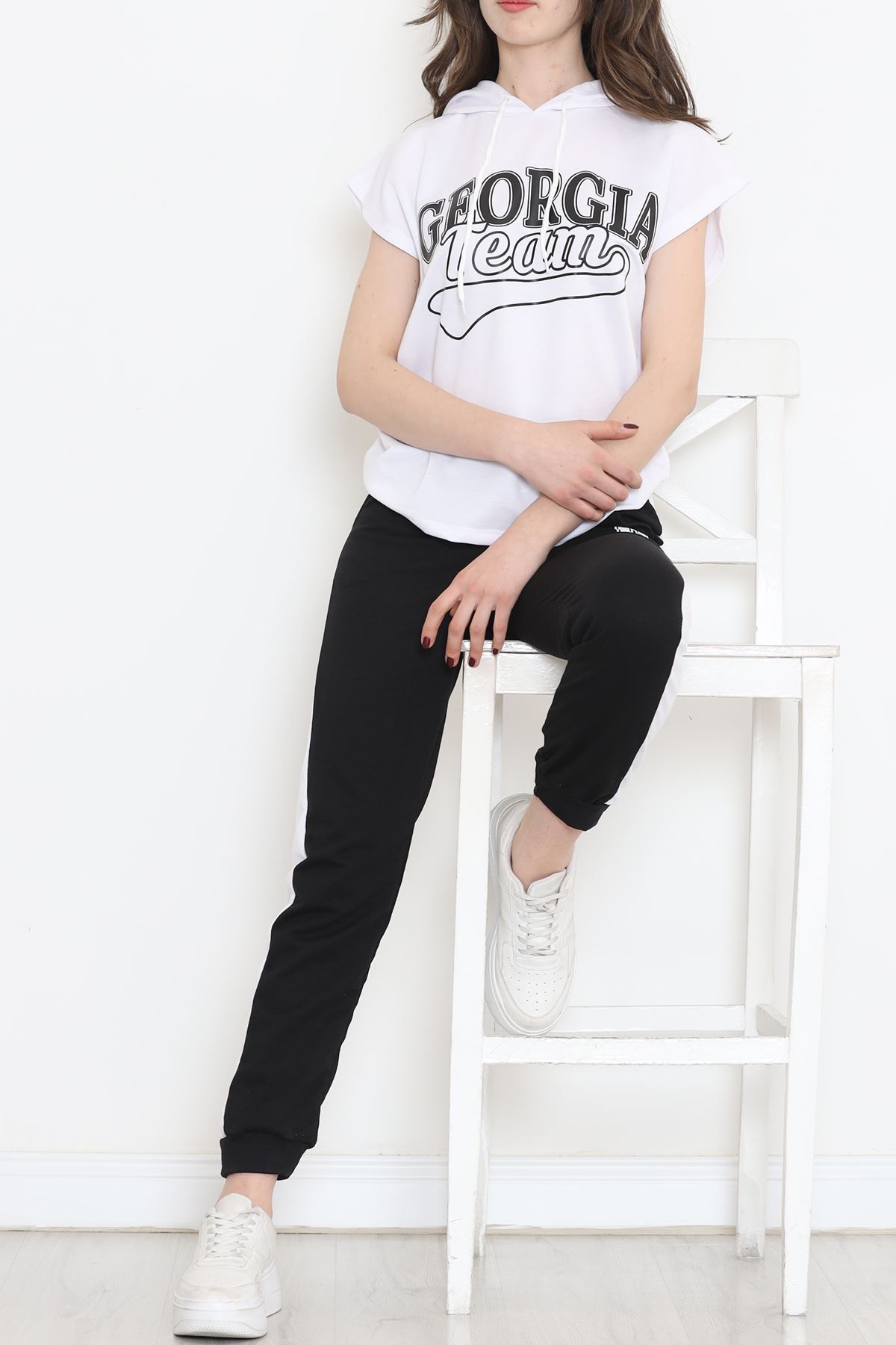 Kapşonlu Baskılı Eşofman Takımı Beyazsiyah - 16600.5238.