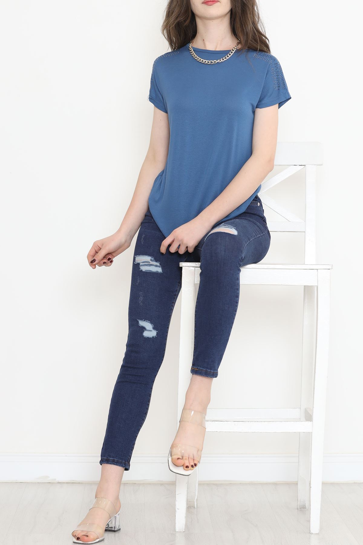 Omuz İşlemeli Bluz İndigo - 17148.599.