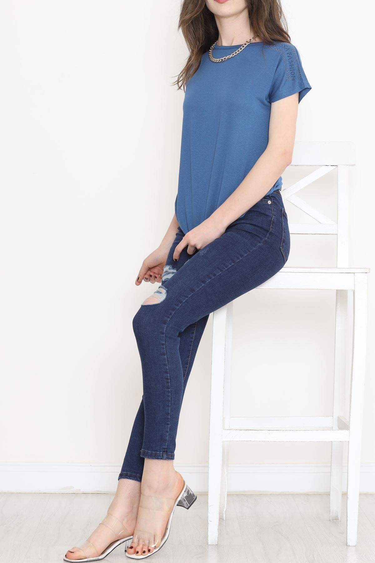 Omuz İşlemeli Bluz İndigo - 17148.599.