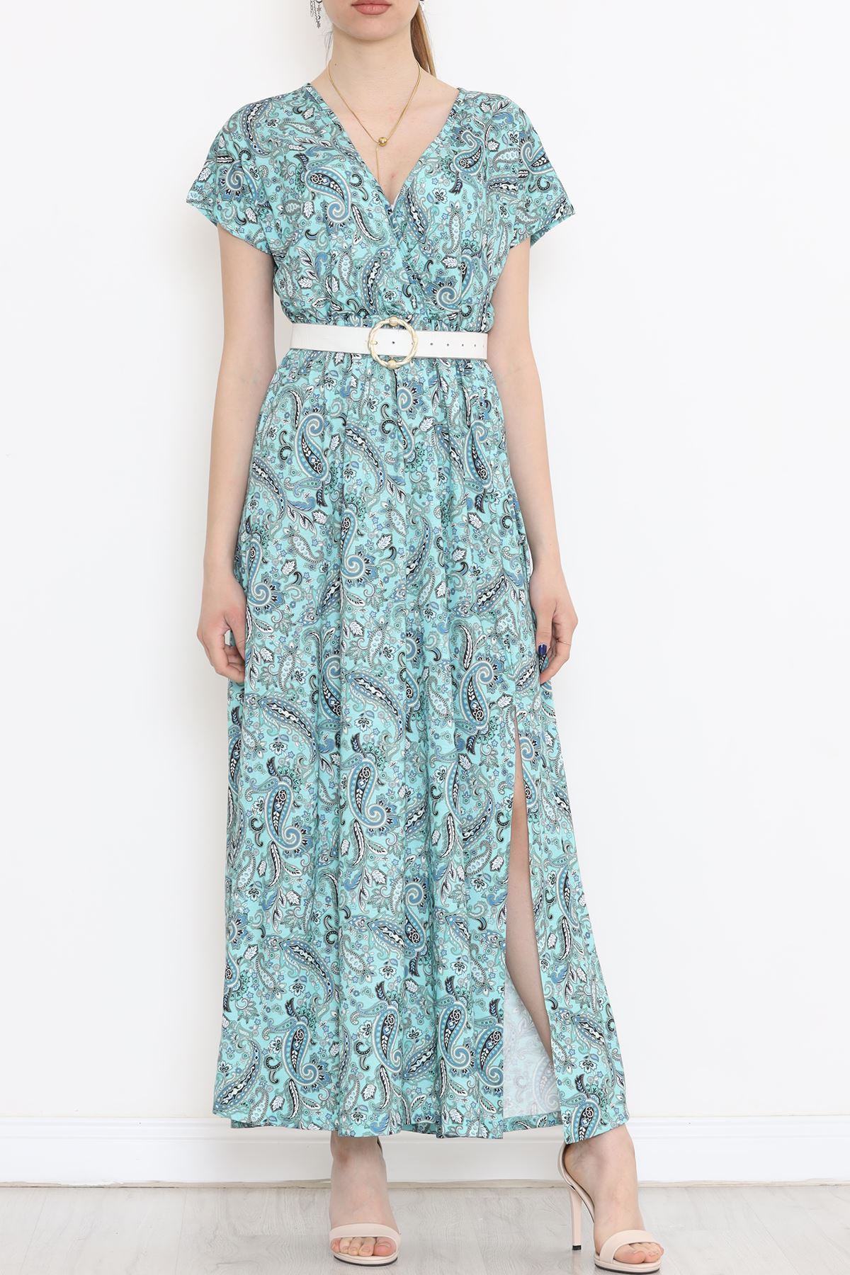 Kruvaze Yaka Desenli Elbise Mint - 1383.1256.