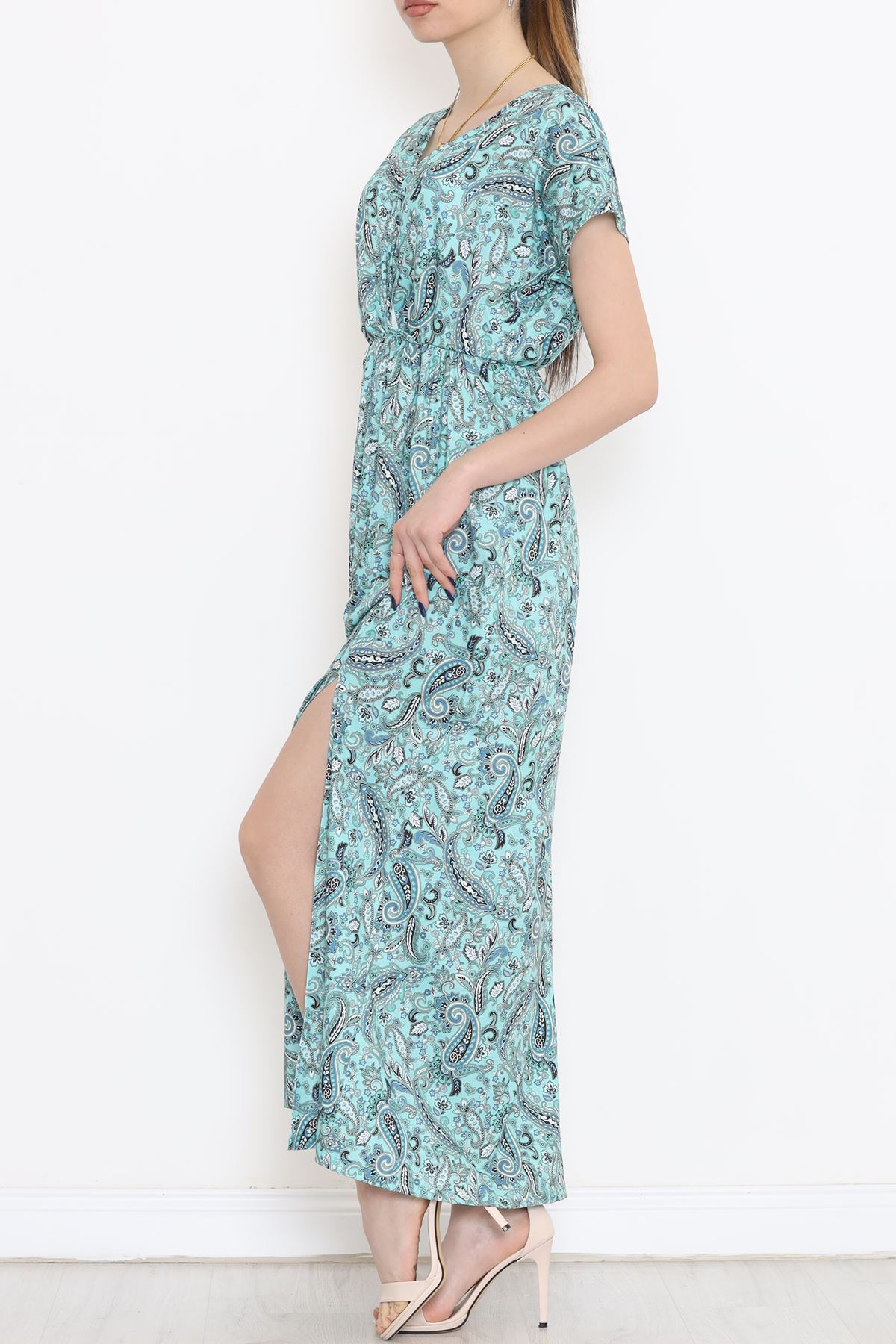 Kruvaze Yaka Desenli Elbise Mint - 1383.1256.