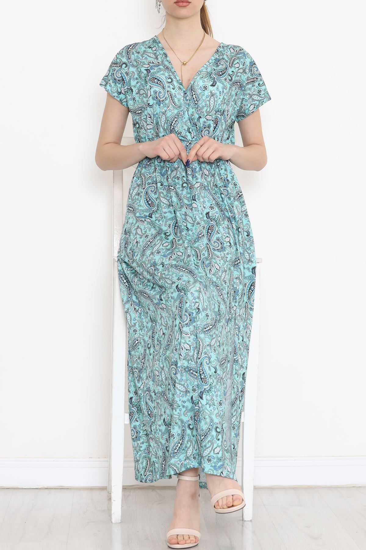 Kruvaze Yaka Desenli Elbise Mint - 1383.1256.