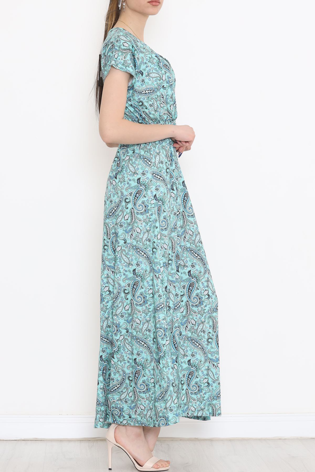 Kruvaze Yaka Desenli Elbise Mint - 1383.1256.