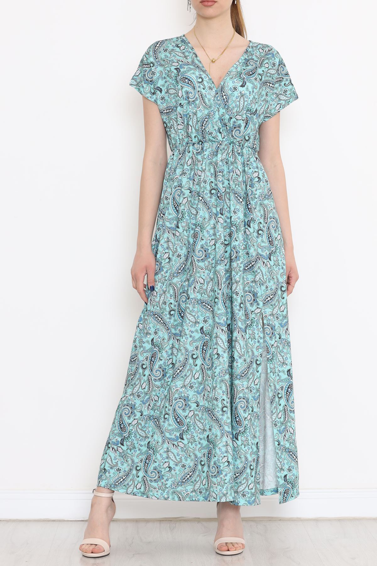 Kruvaze Yaka Desenli Elbise Mint - 1383.1256.