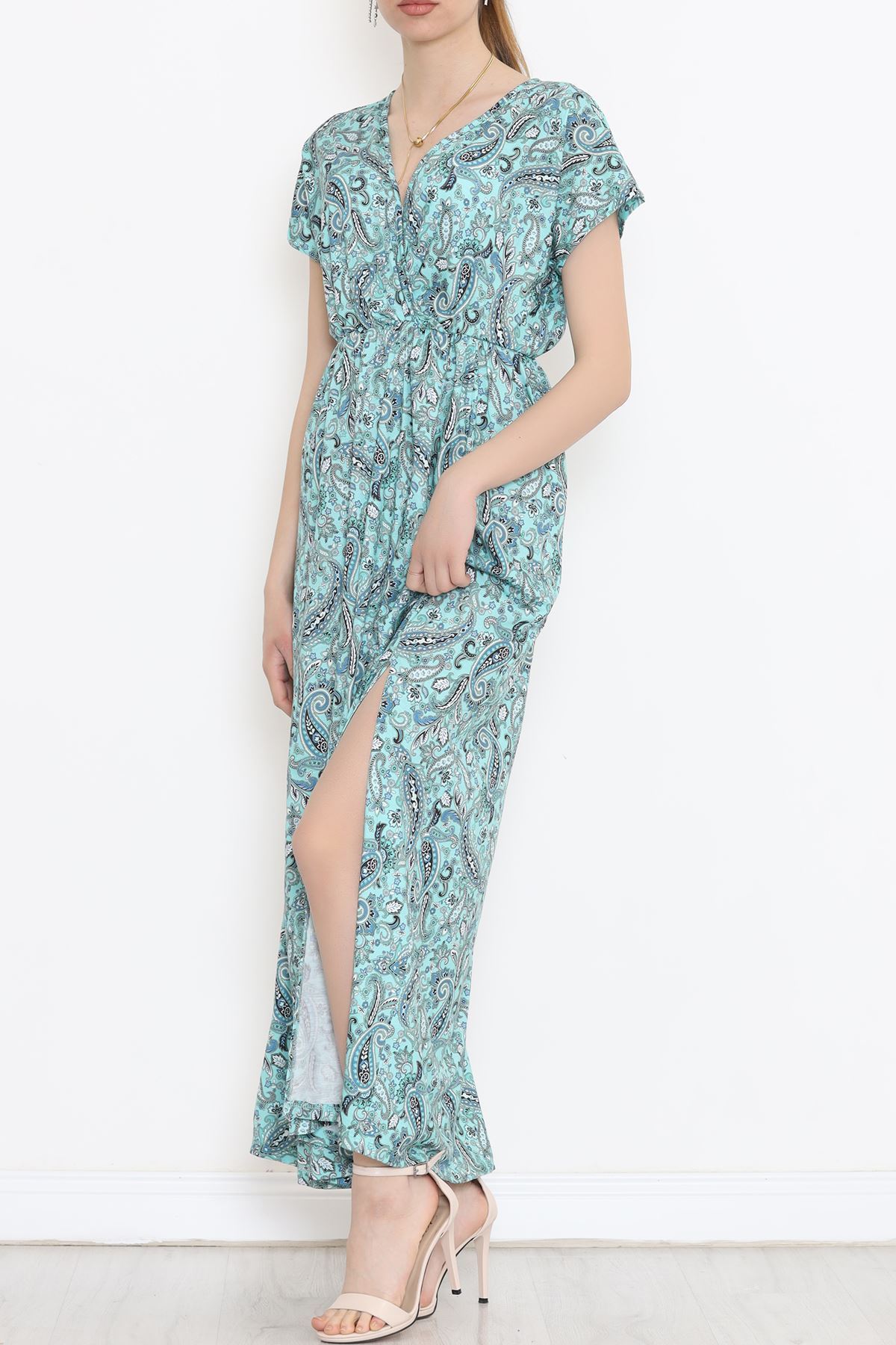 Kruvaze Yaka Desenli Elbise Mint - 1383.1256.