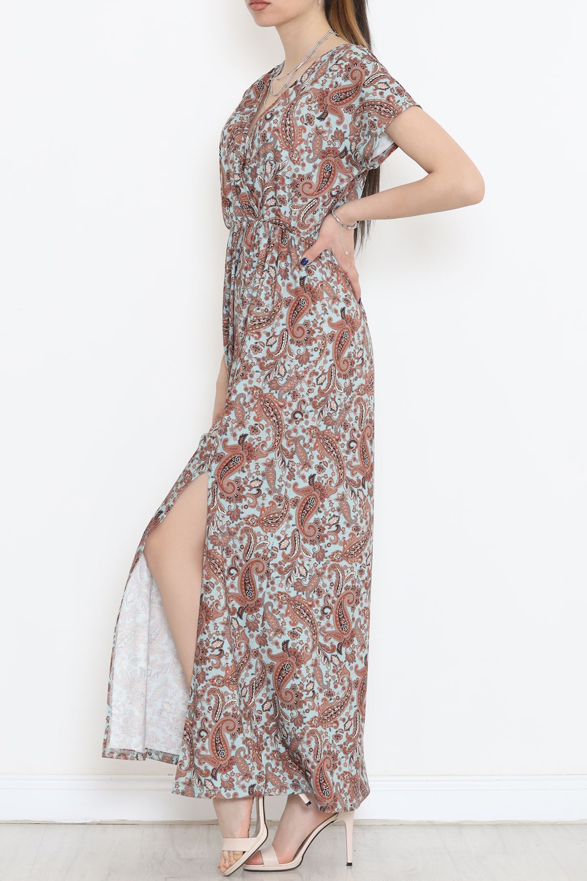 Kruvaze Yaka Desenli Elbise Kahve - 1383.1256.