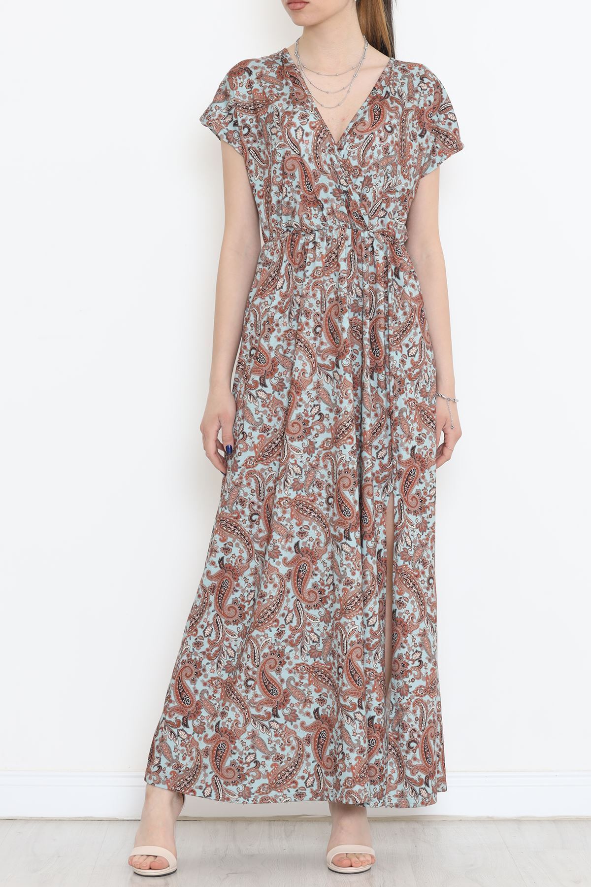 Kruvaze Yaka Desenli Elbise Kahve - 1383.1256.