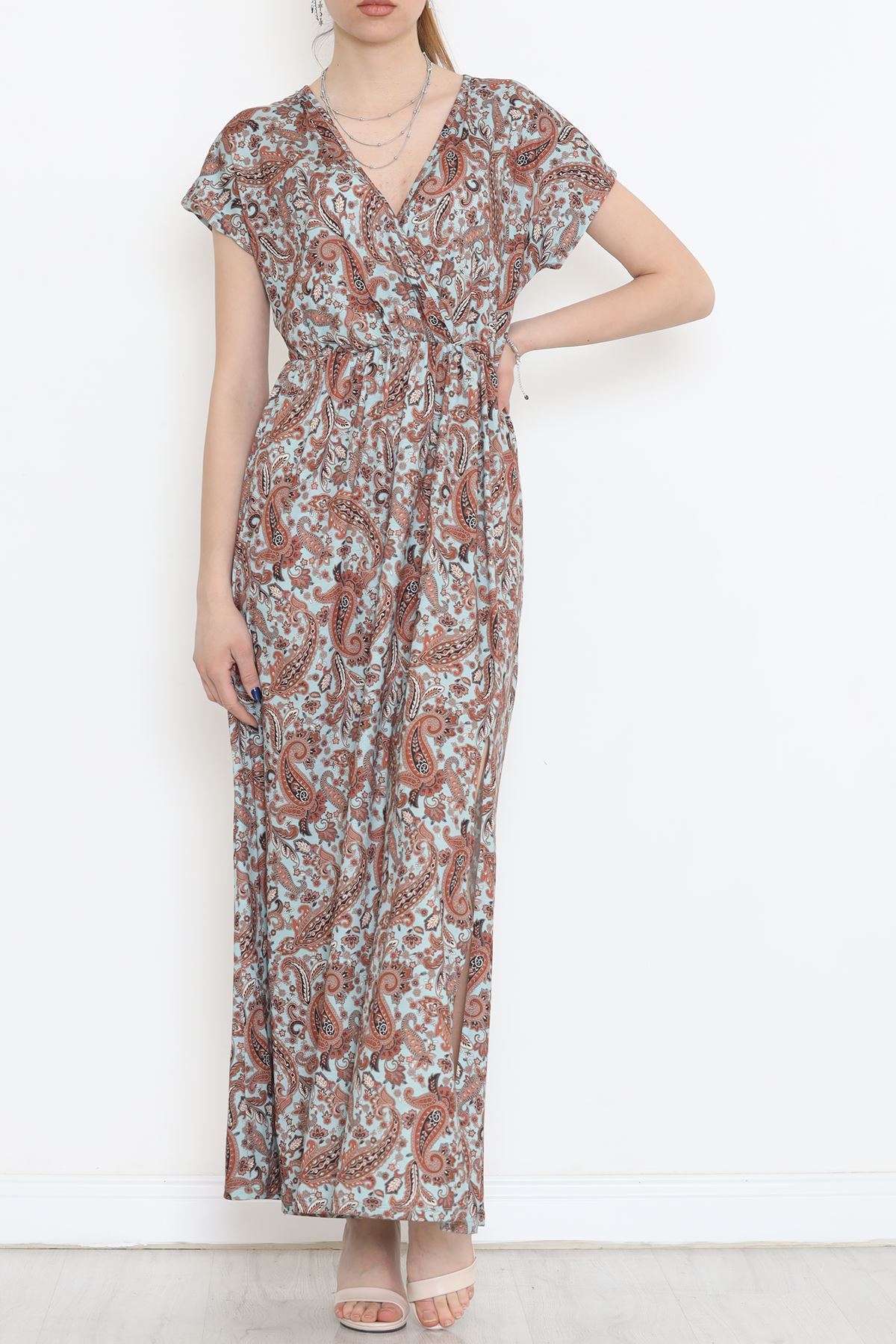 Kruvaze Yaka Desenli Elbise Kahve - 1383.1256.