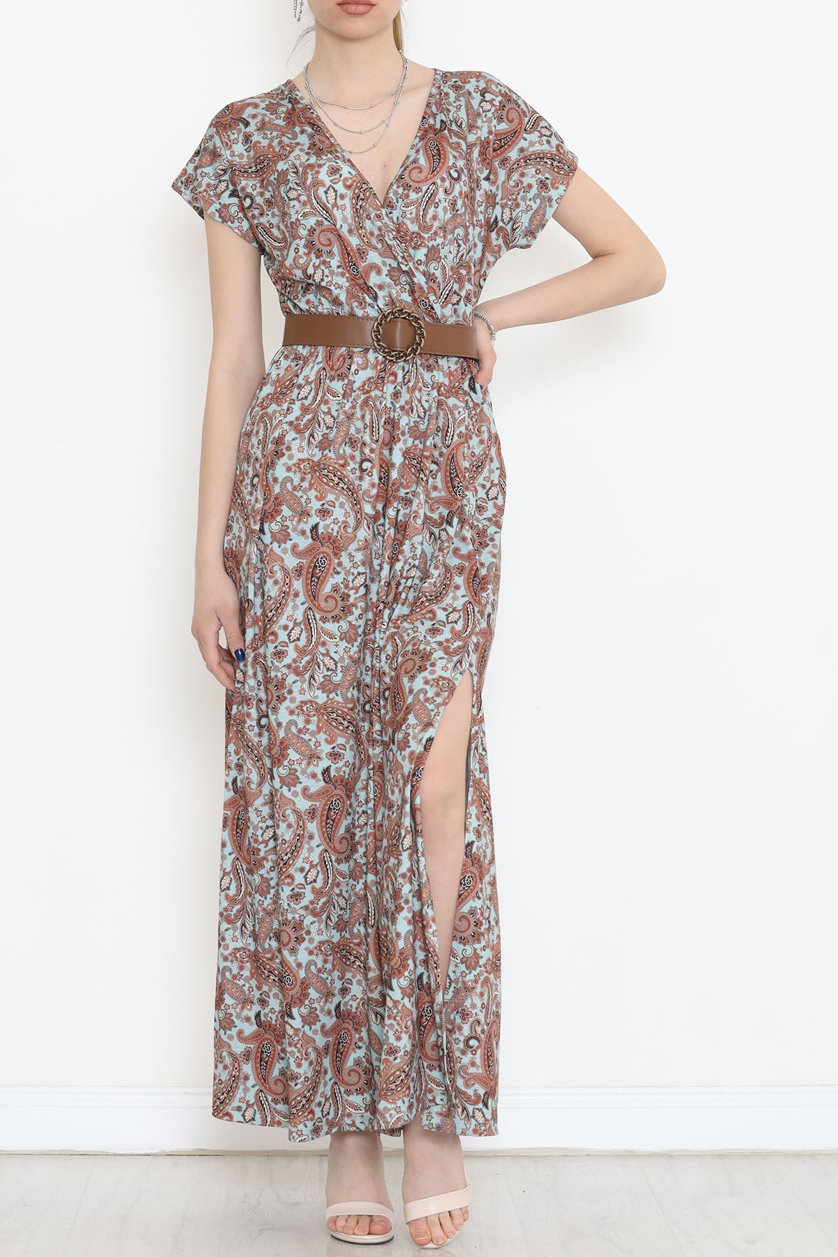 Kruvaze Yaka Desenli Elbise Kahve - 1383.1256.