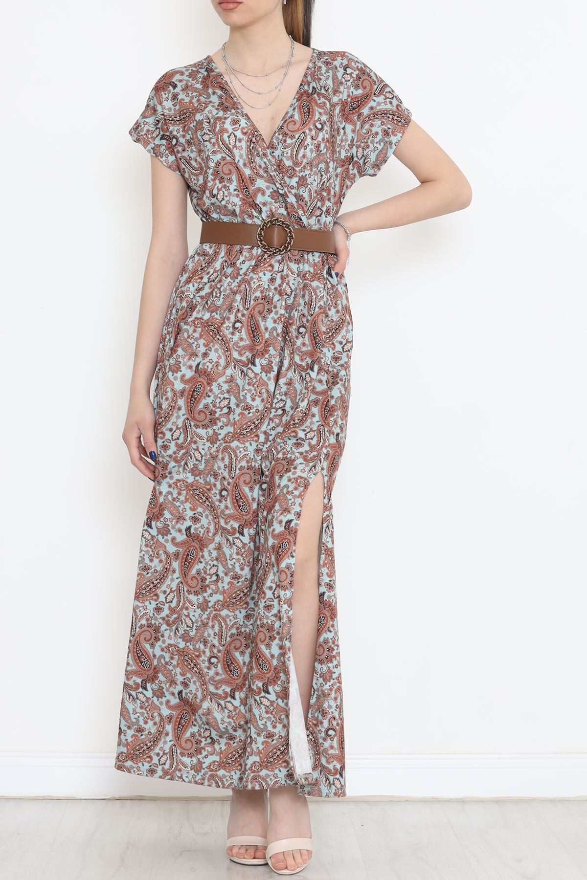 Kruvaze Yaka Desenli Elbise Kahve - 1383.1256.