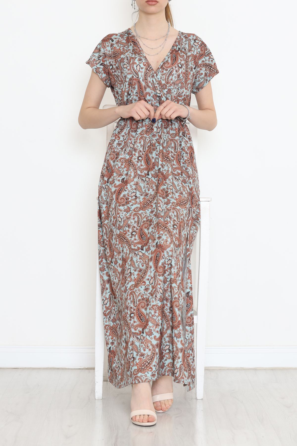 Kruvaze Yaka Desenli Elbise Kahve - 1383.1256.