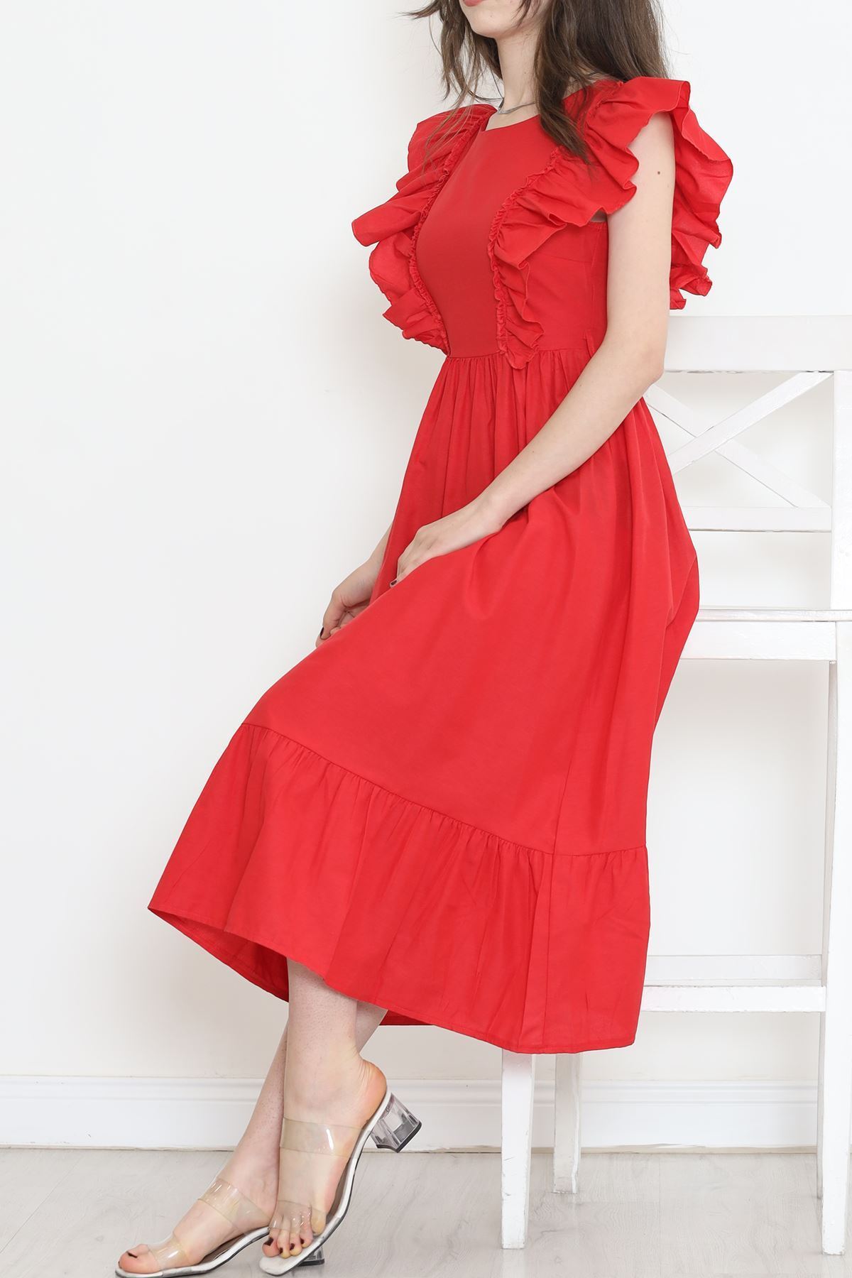 Kolu Fırfırlı Koton Elbise Kırmızı - 44361.1798.
