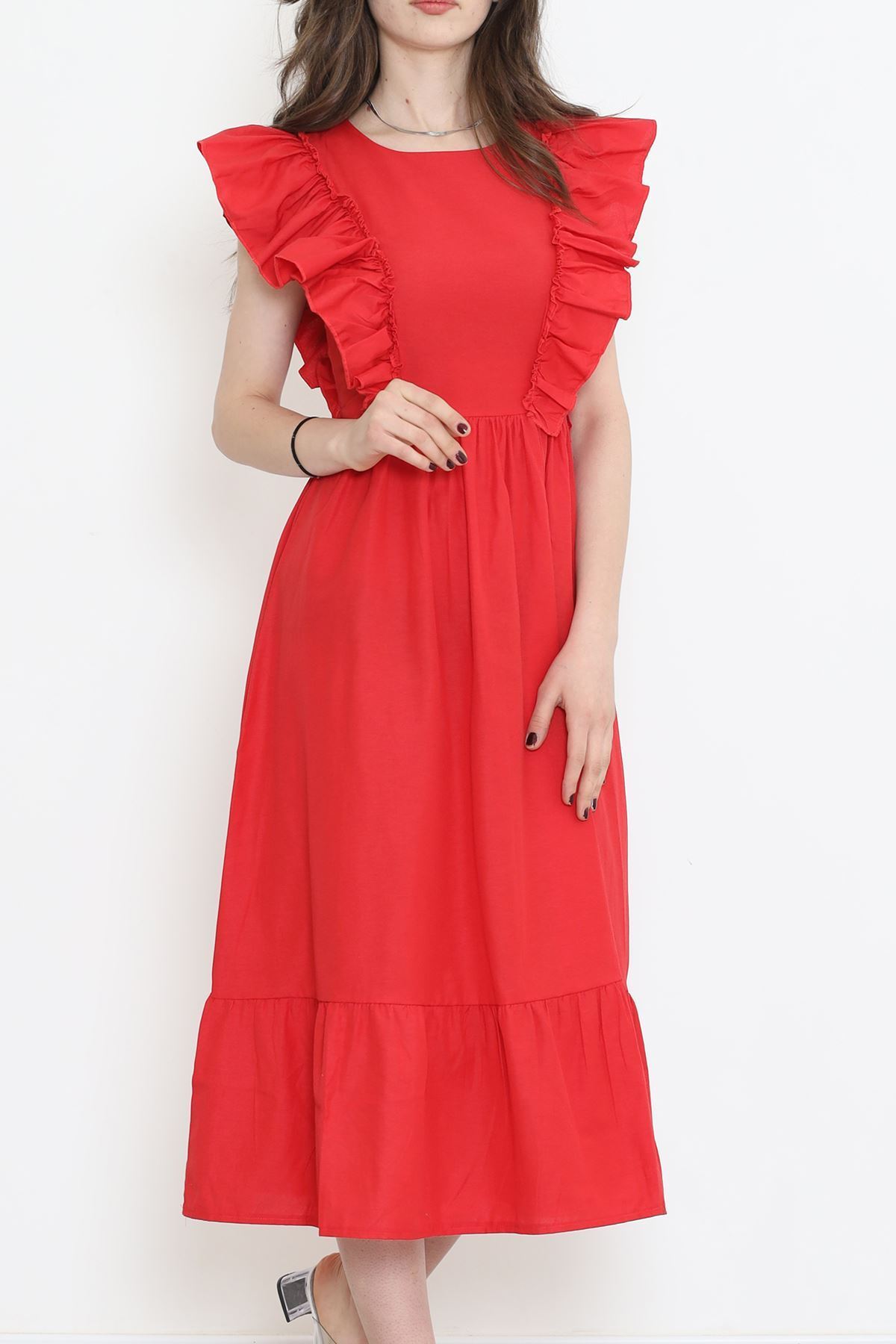 Kolu Fırfırlı Koton Elbise Kırmızı - 44361.1798.