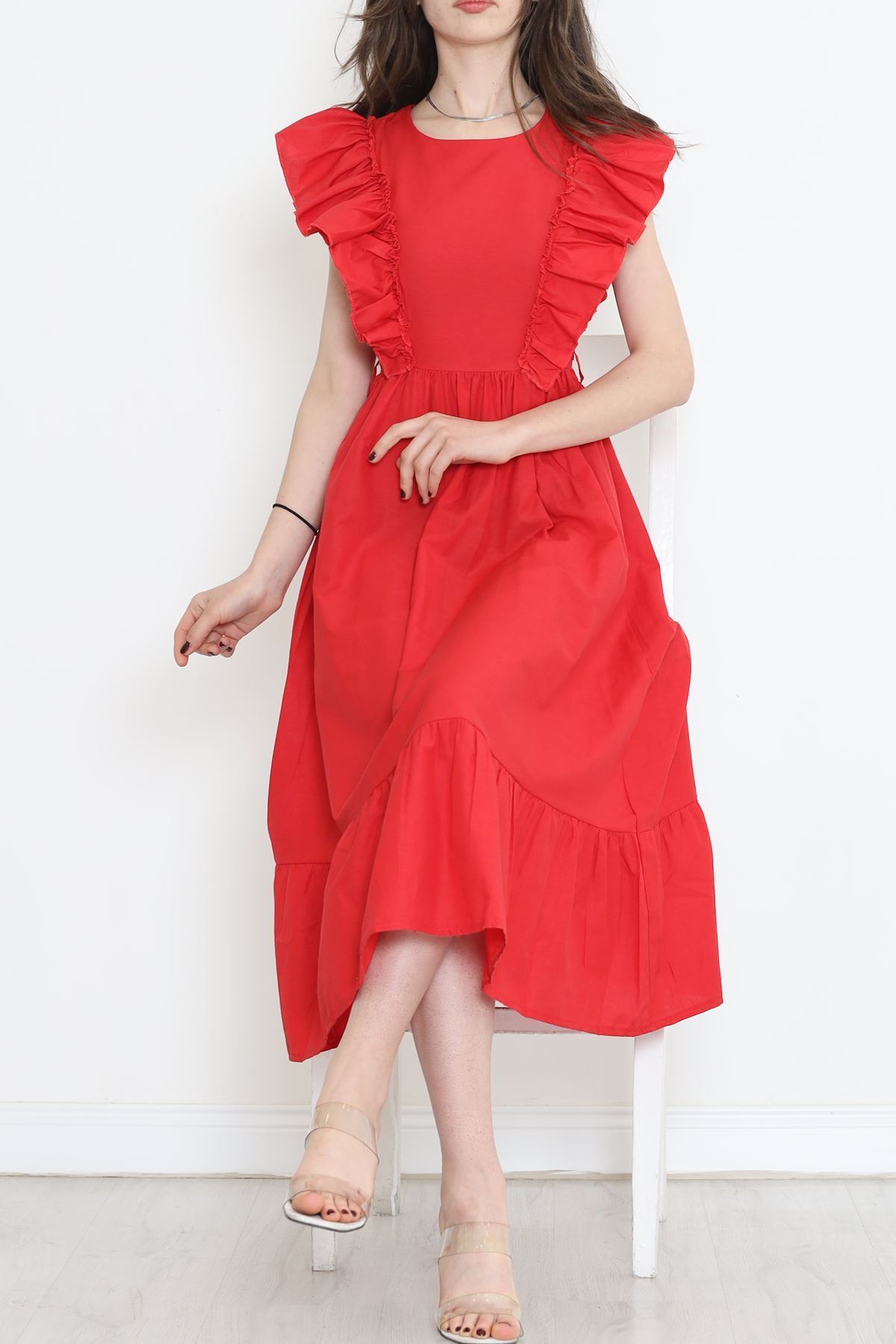Kolu Fırfırlı Koton Elbise Kırmızı - 44361.1798.