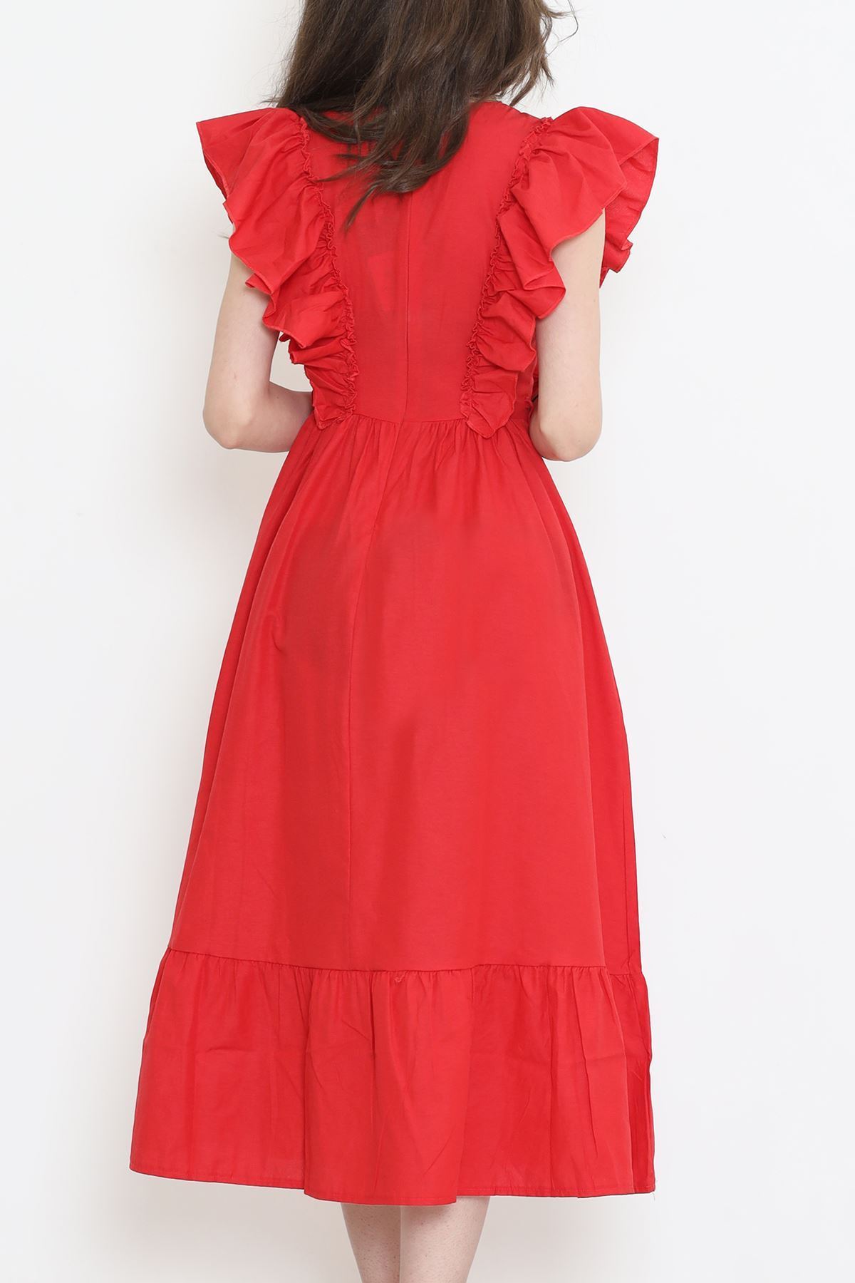Kolu Fırfırlı Koton Elbise Kırmızı - 44361.1798.