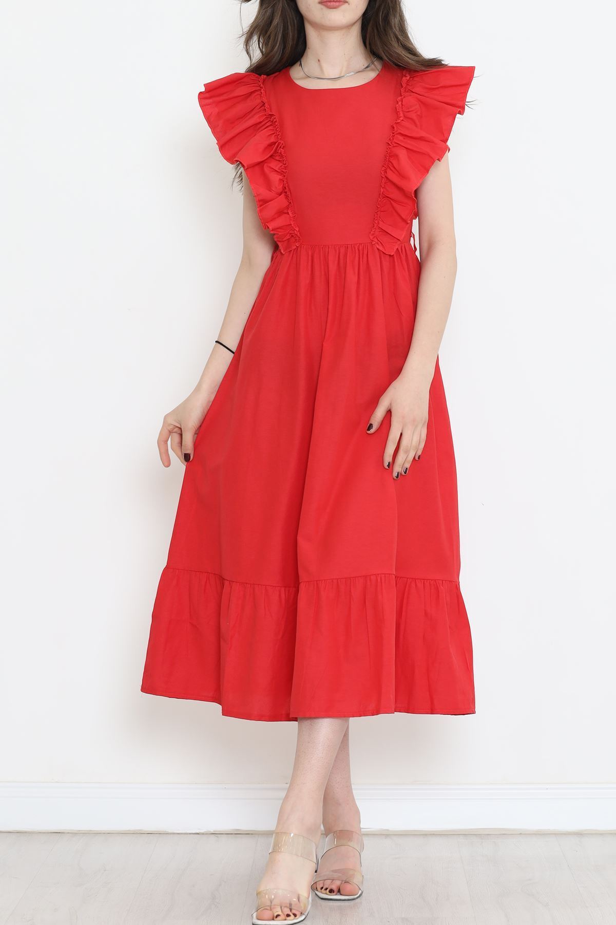 Kolu Fırfırlı Koton Elbise Kırmızı - 44361.1798.