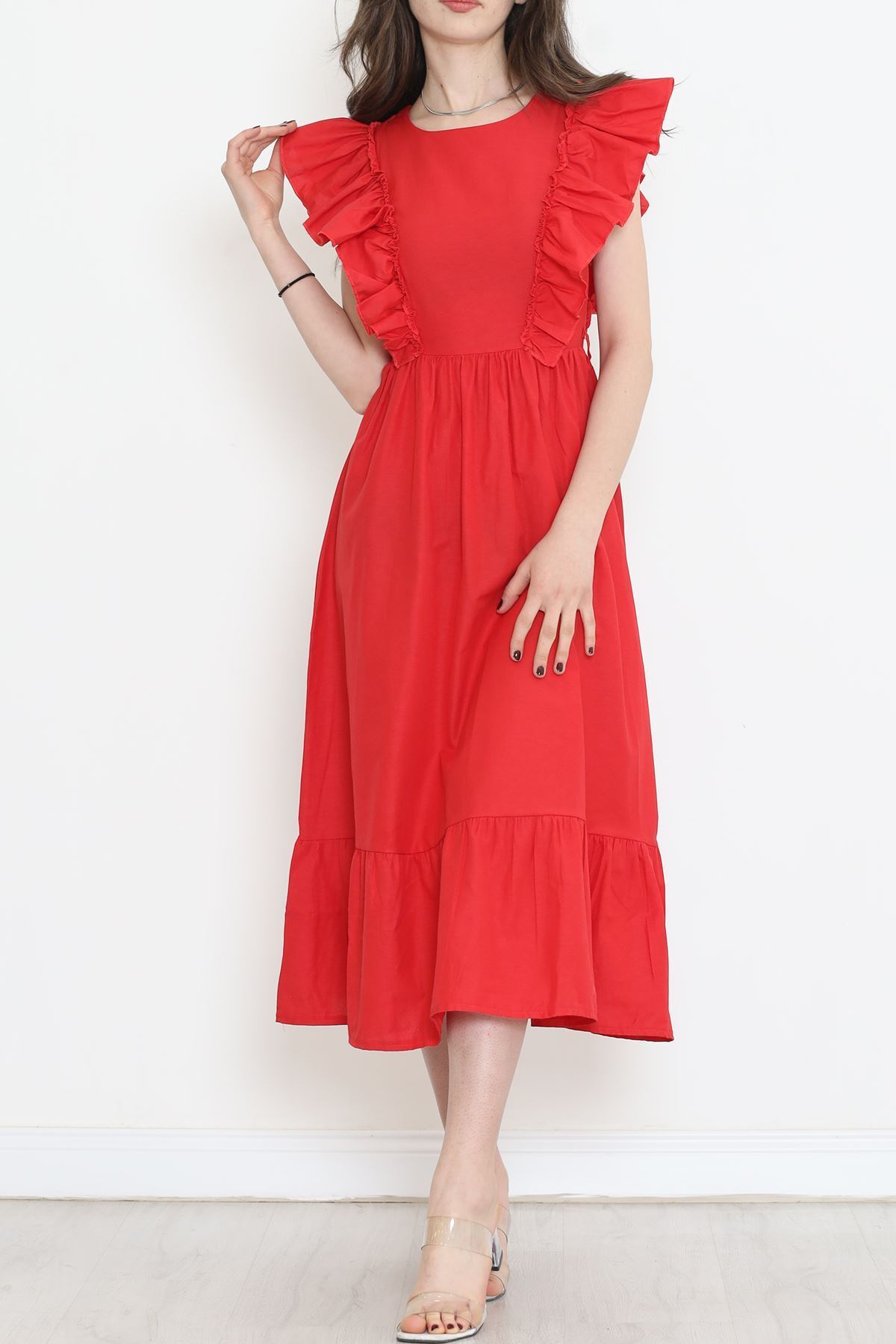 Kolu Fırfırlı Koton Elbise Kırmızı - 44361.1798.