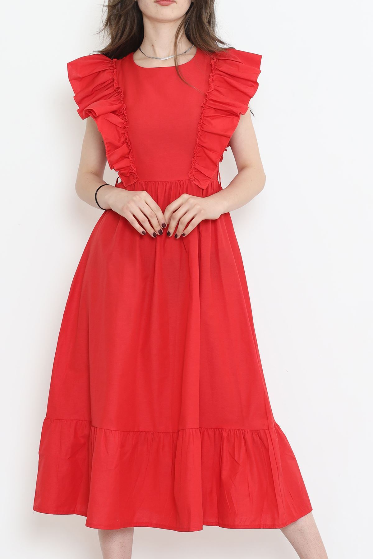 Kolu Fırfırlı Koton Elbise Kırmızı - 44361.1798.