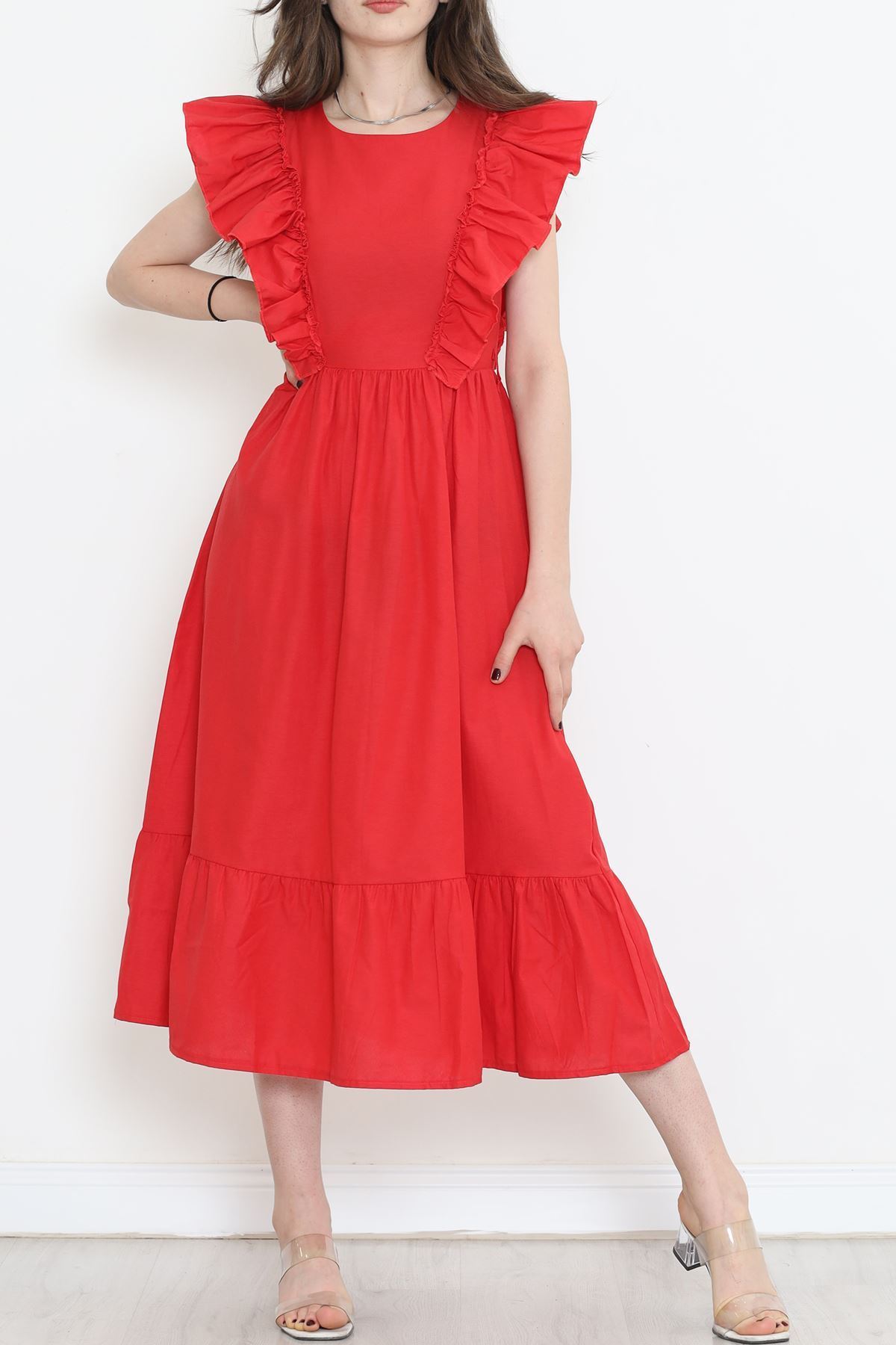 Kolu Fırfırlı Koton Elbise Kırmızı - 44361.1798.