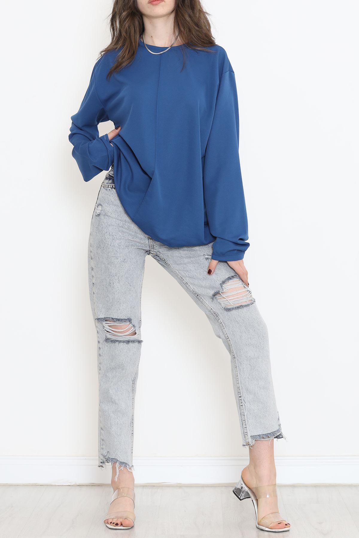 Oversize Ortadan Çımalı Bluz Mavi - 15913.1778.