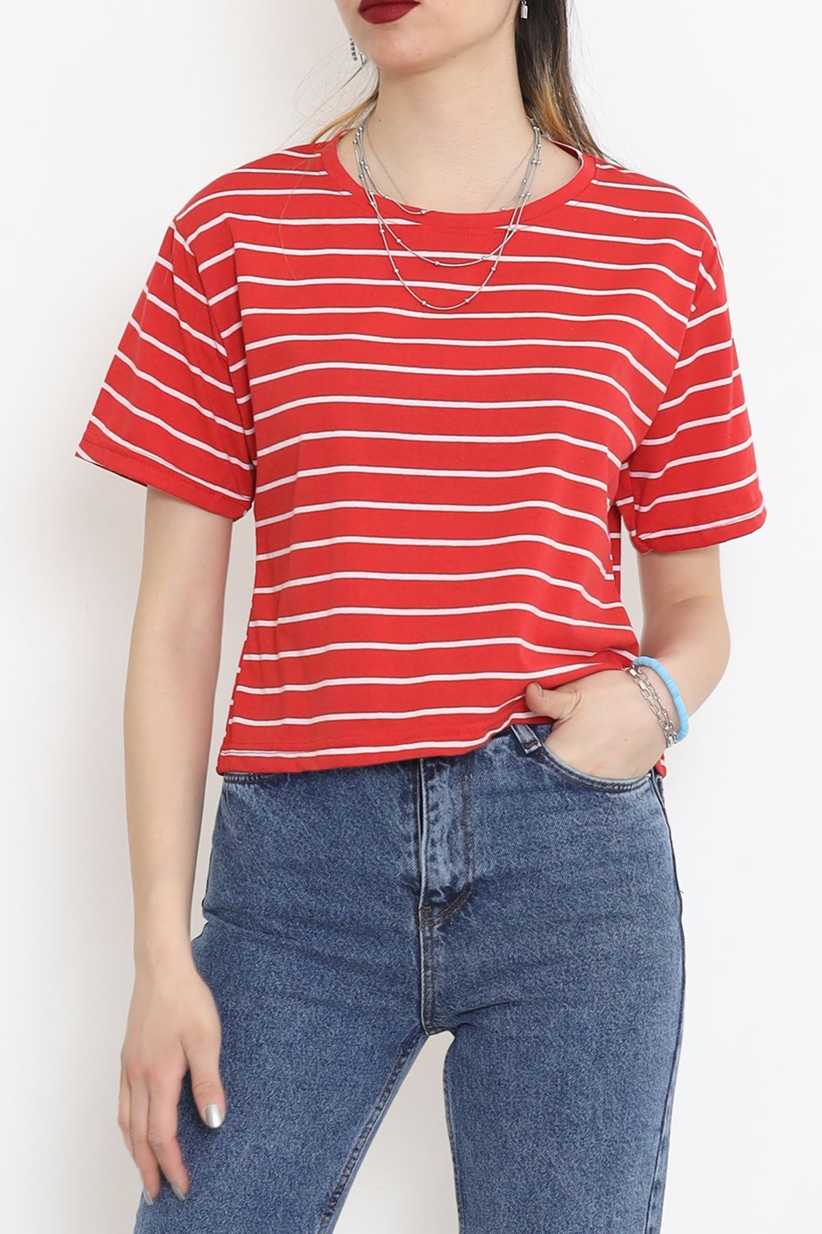 Çizgili Süprem Crop Tişört Kırmızı - 9528.1567.