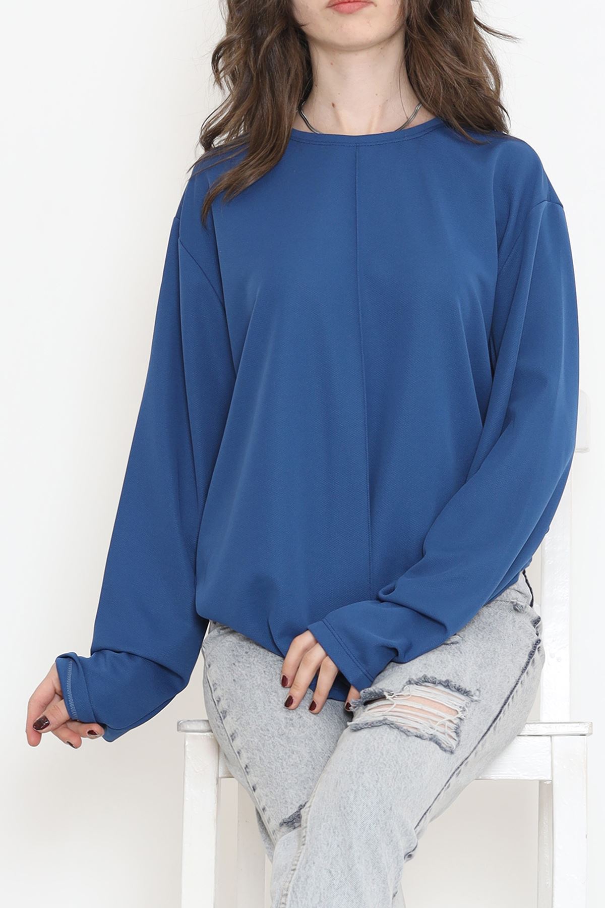 Oversize Ortadan Çımalı Bluz Mavi - 15913.1778.