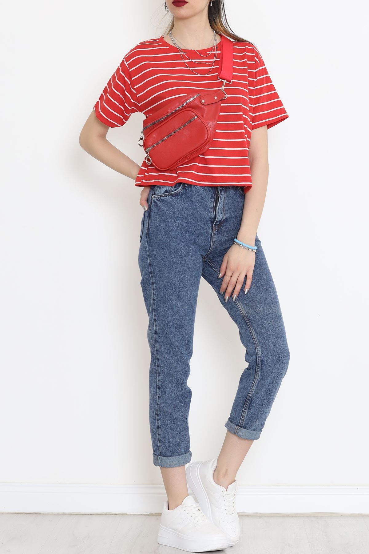 Çizgili Süprem Crop Tişört Kırmızı - 9528.1567.