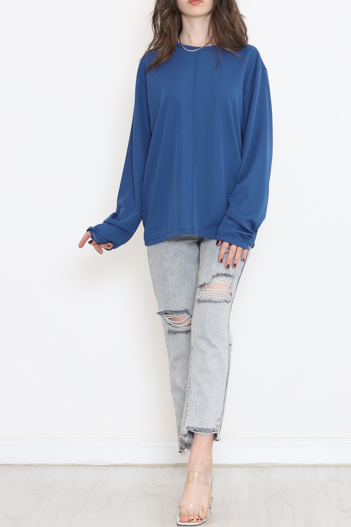 Oversize Ortadan Çımalı Bluz Mavi - 15913.1778.