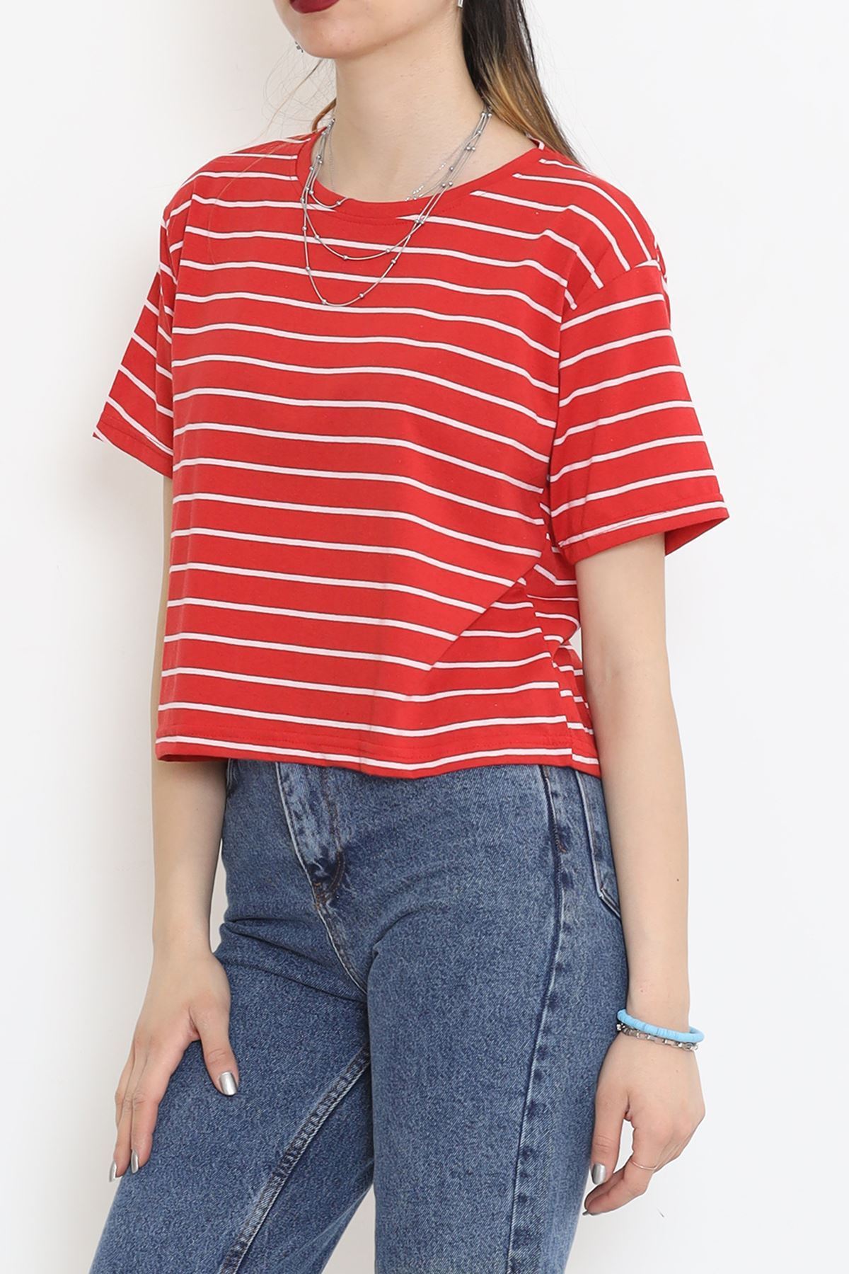 Çizgili Süprem Crop Tişört Kırmızı - 9528.1567.