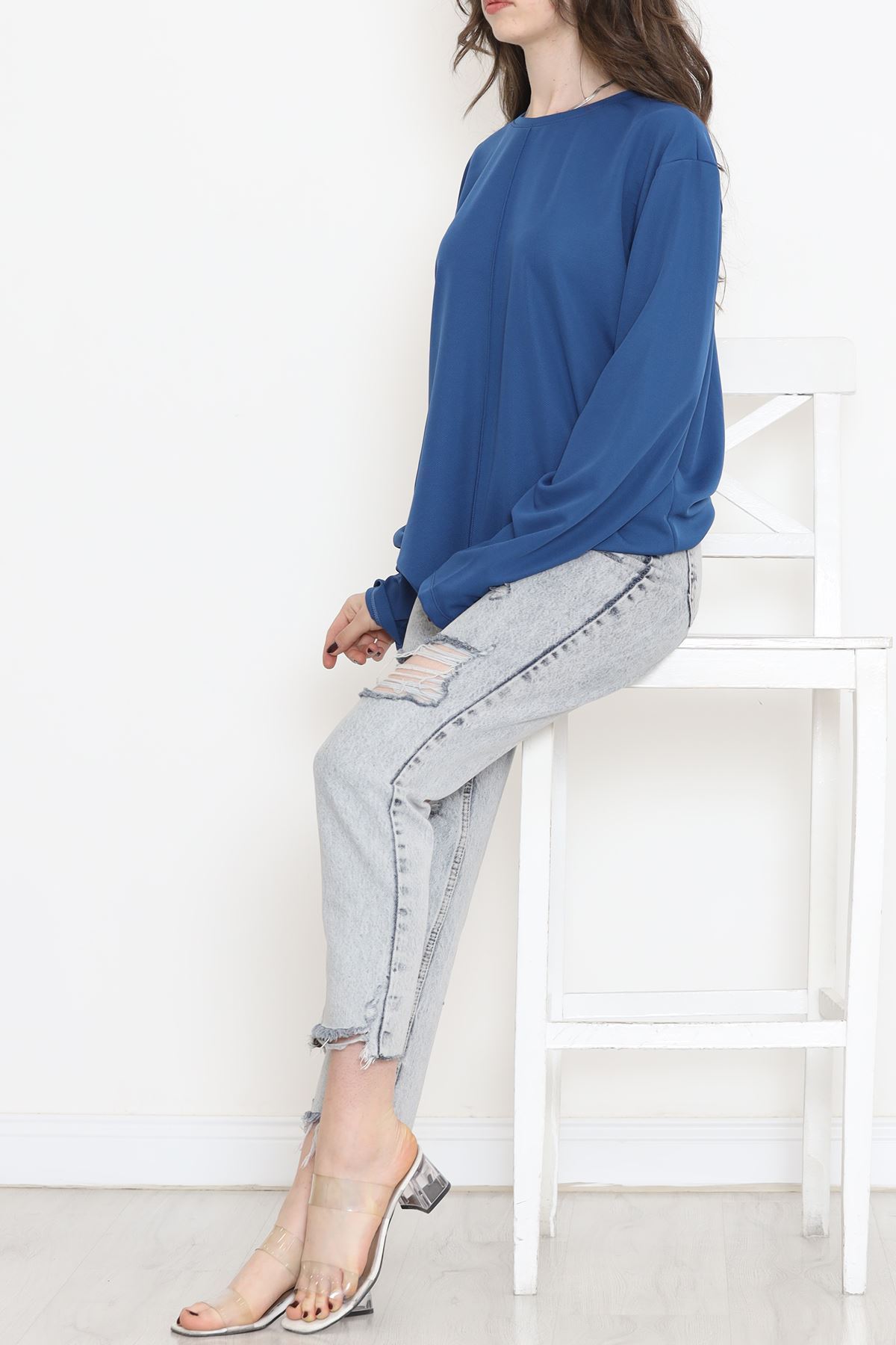 Oversize Ortadan Çımalı Bluz Mavi - 15913.1778.