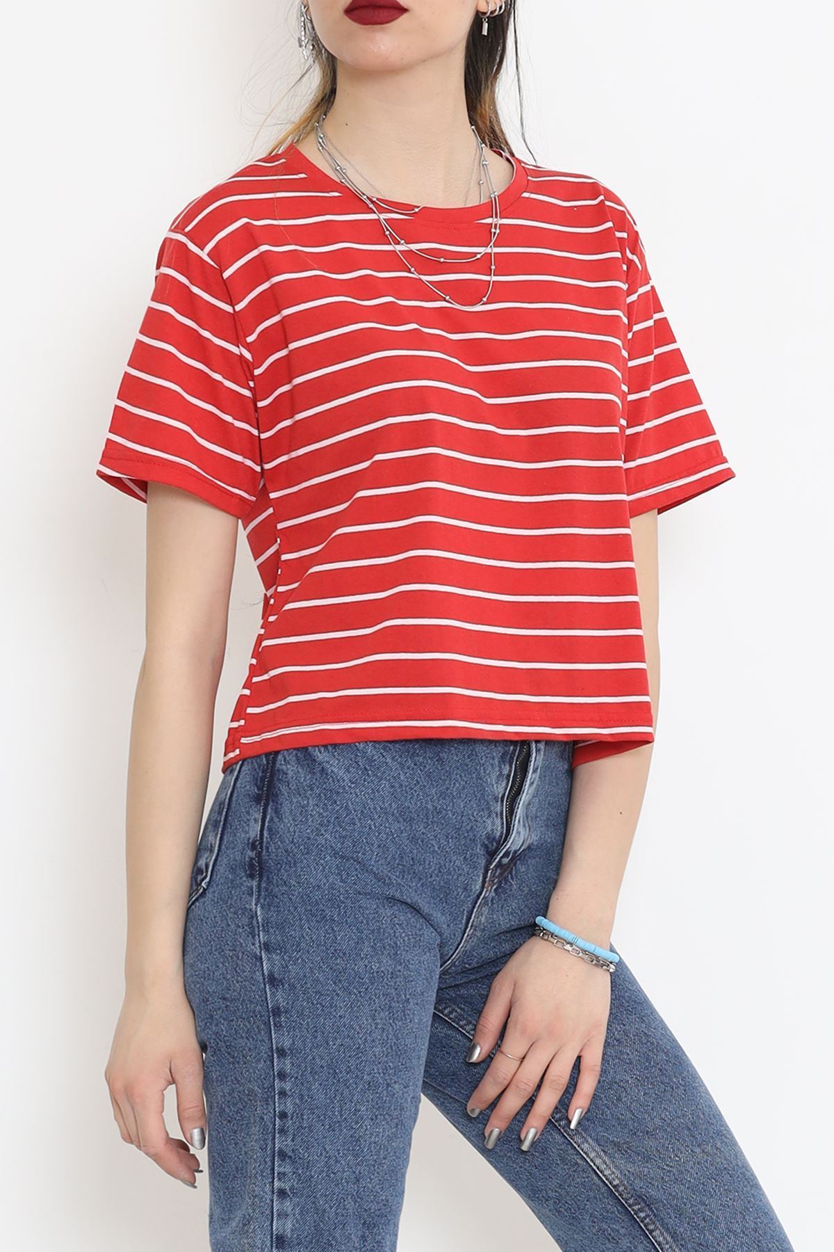Çizgili Süprem Crop Tişört Kırmızı - 9528.1567.