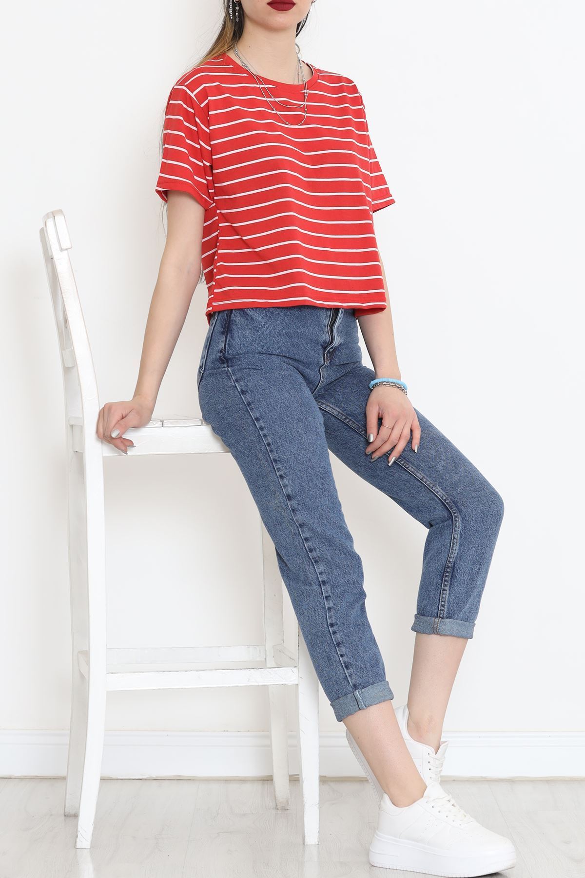 Çizgili Süprem Crop Tişört Kırmızı - 9528.1567.