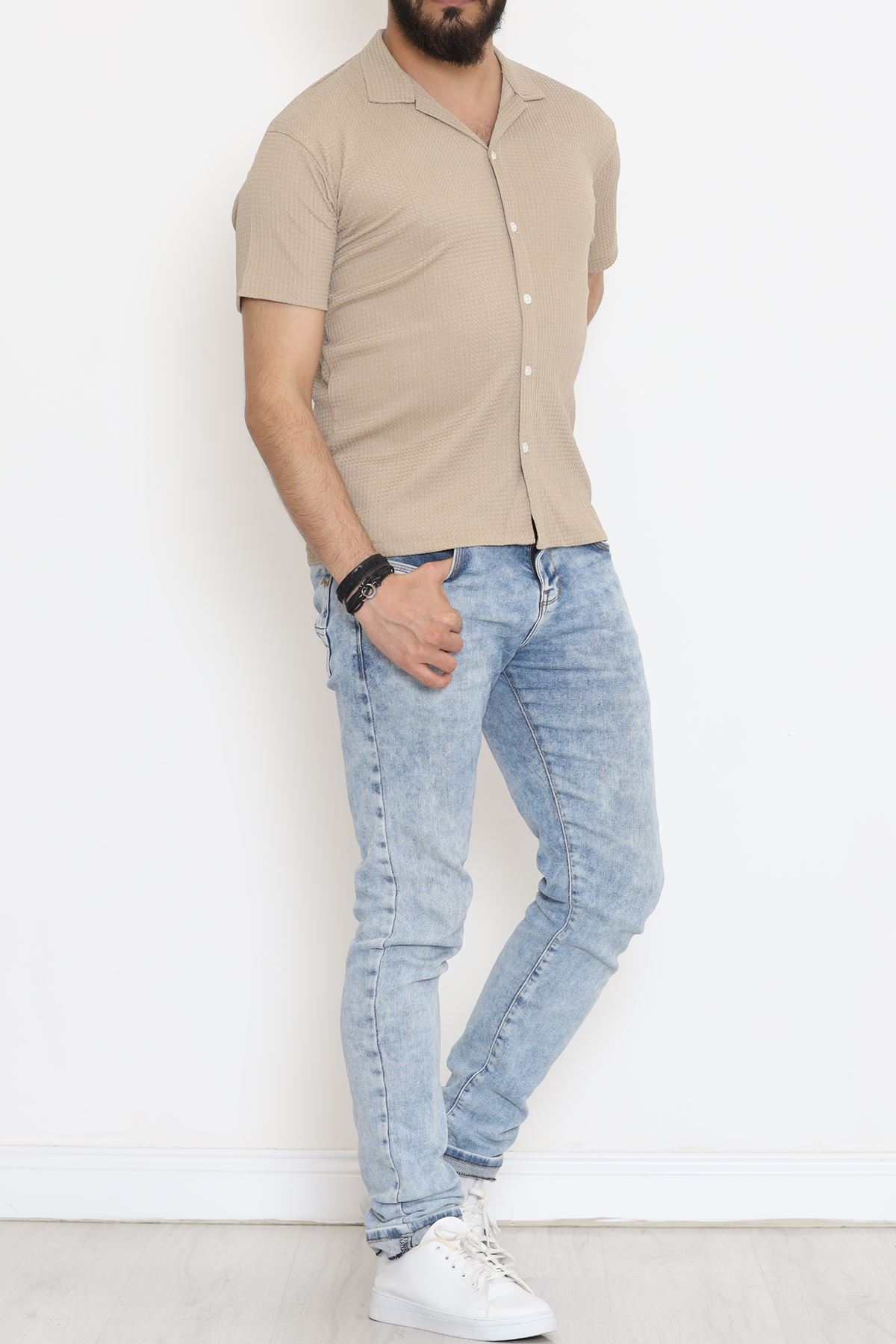 Çizgi Detay Erkek Gömlek Bej - 18289.1778.