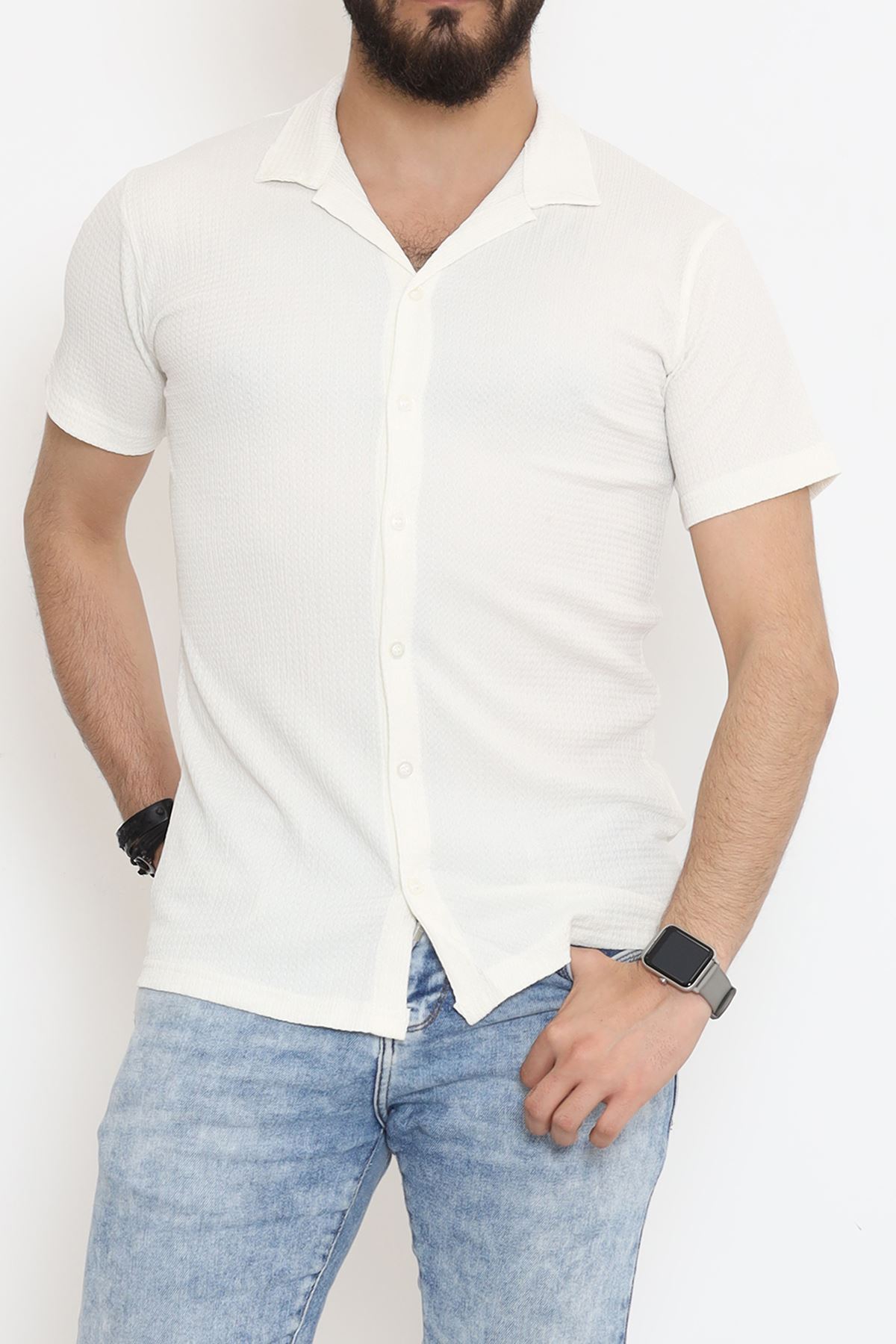 Çizgi Detay Erkek Gömlek Ekru - 18289.1778.