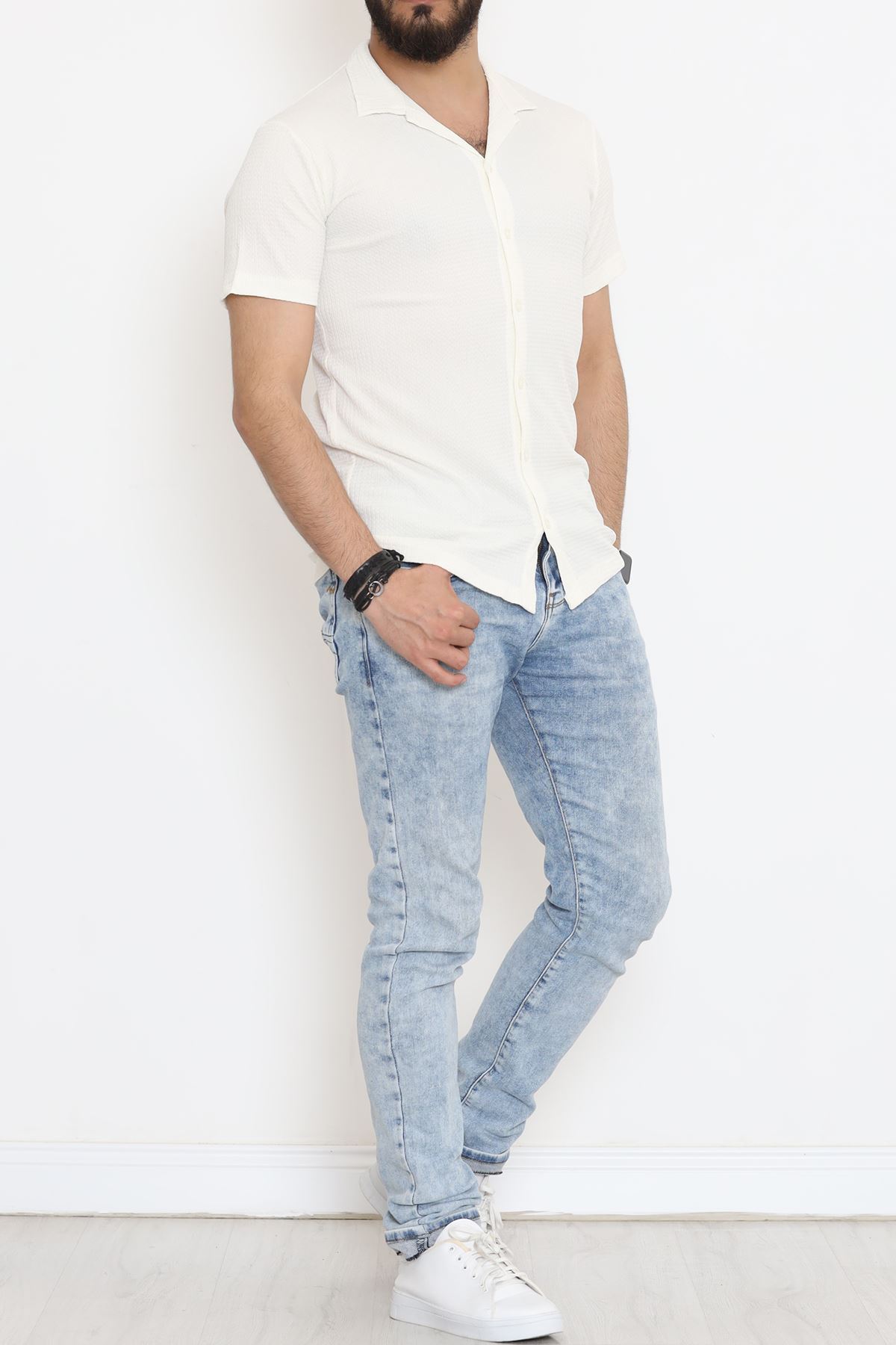 Çizgi Detay Erkek Gömlek Ekru - 18289.1778.