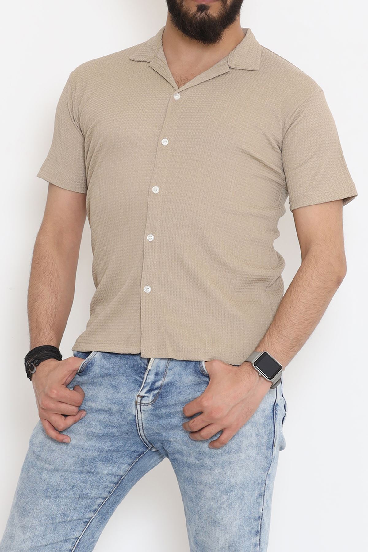 Çizgi Detay Erkek Gömlek Bej - 18289.1778.