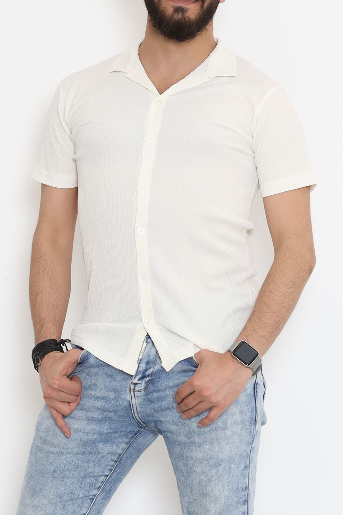 Çizgi Detay Erkek Gömlek Ekru - 18289.1778.