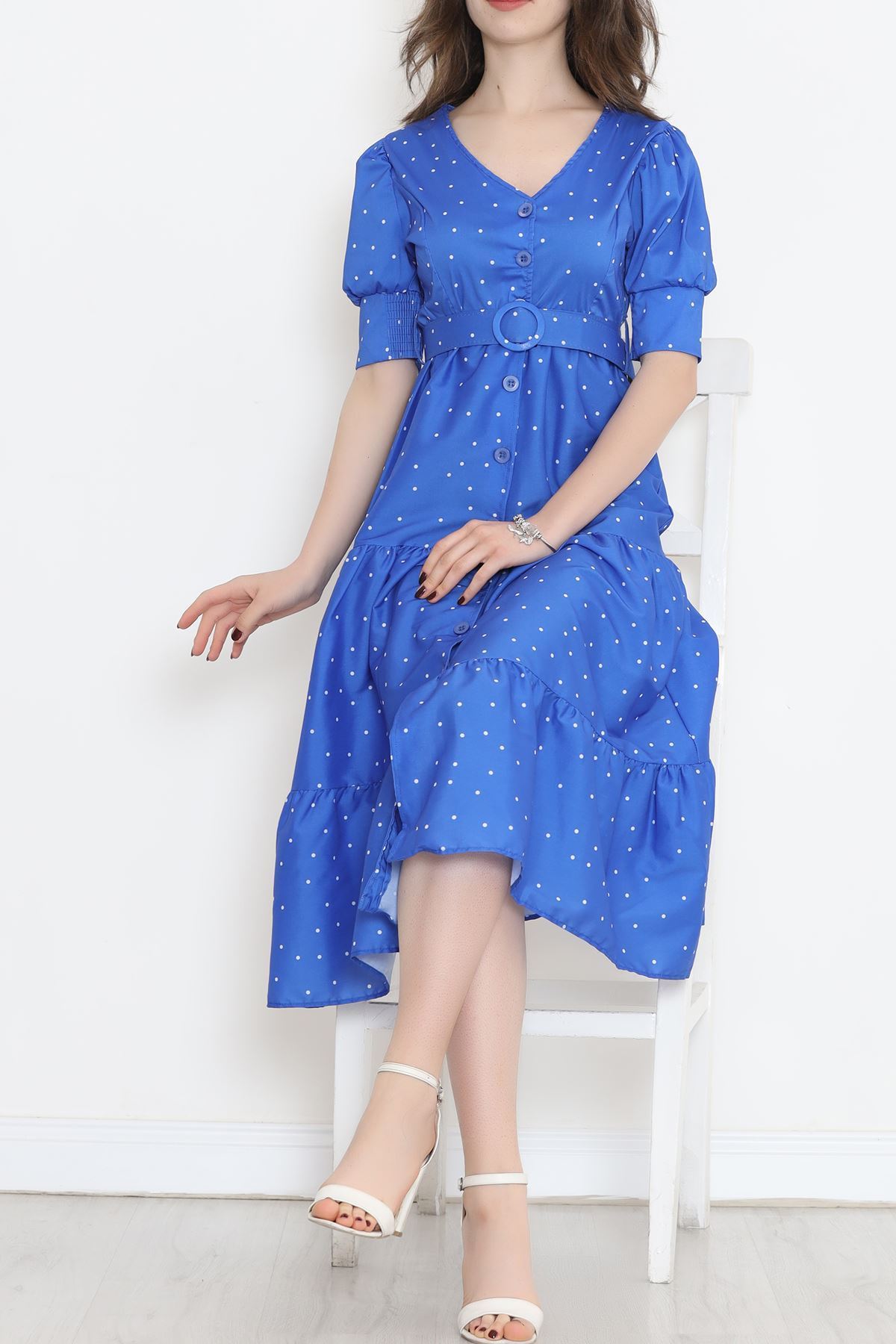 Önü Düğmeli Elbise Saks - 728.1247.