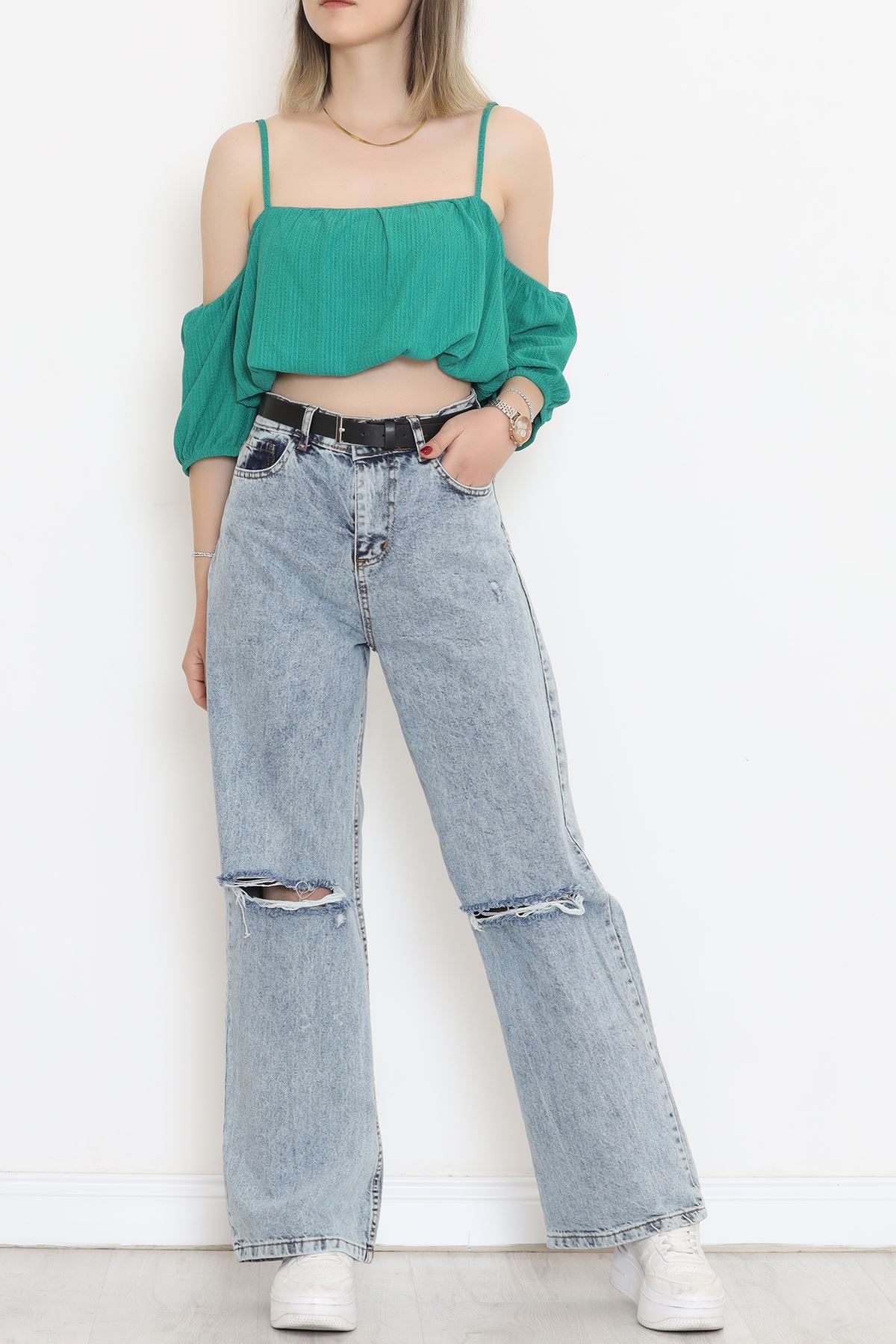 Askılı Bürümcük Bluz Yeşil - 12593.631.