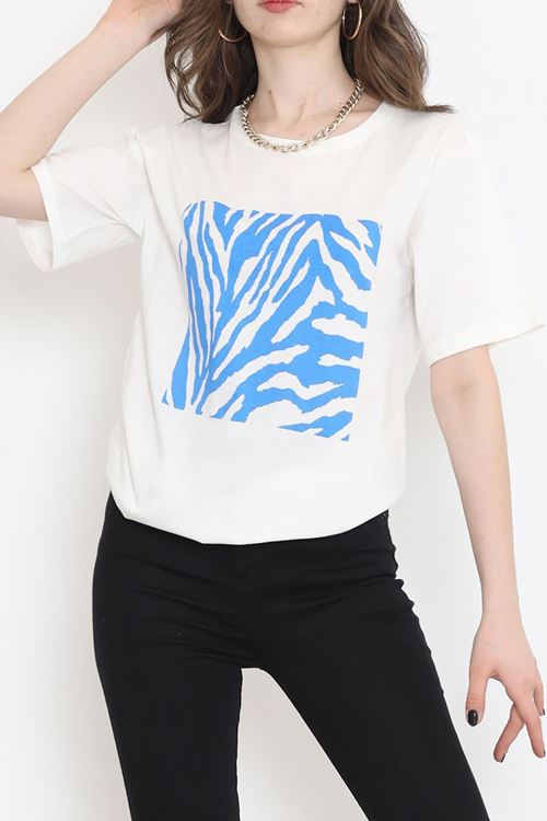 Panel Baskılı Pamuk Tişört Mavi - 873.1019.