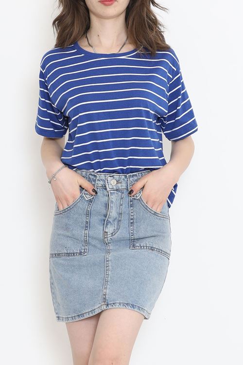 Çizgili Süprem Crop Tişört Saks - 9528.1567.