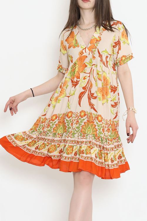 V Yaka Desenli Elbise Turuncu - 152340.701.