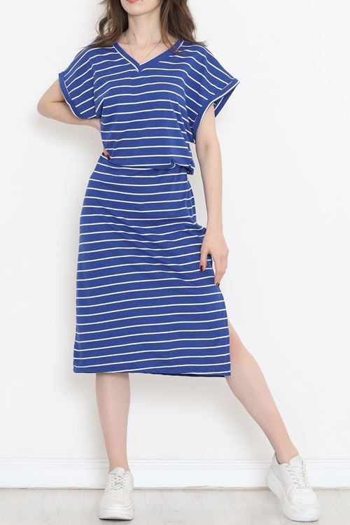 Süprem Çizgili V Yaka Elbise Saks - 15917.1567.