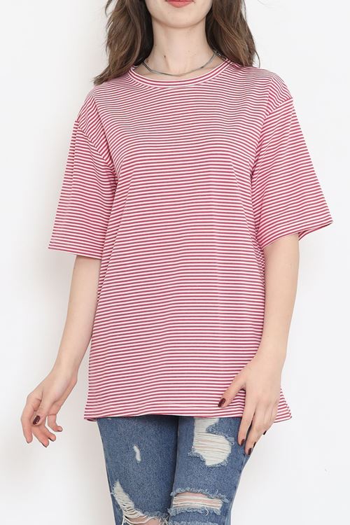 Çizgili Tişört Fuşyabeyaz - 18181.1792.