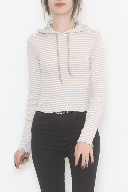 Kapşonlu Çizgili Bluz Vizon - 471987.1567.