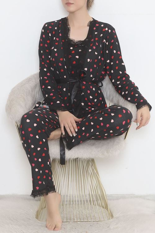 3'Lü Süet Pijama Takımı Siyahkırmızı - 668.1287.