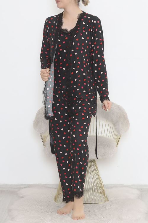 3'Lü Süet Pijama Takımı Siyahkırmızı - 668.1287.